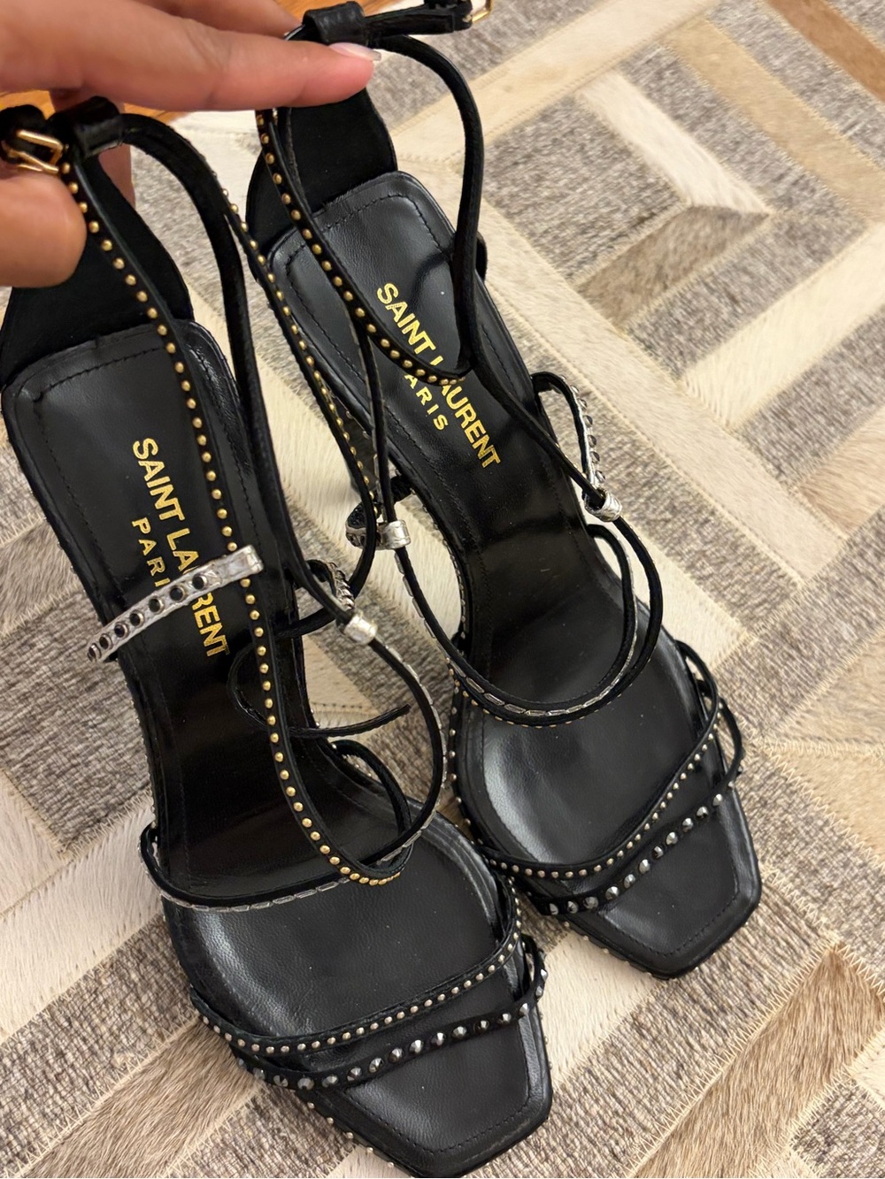 Saint Laurent Black Studded Wrap-Strap High Heels - Picture 3 of 7